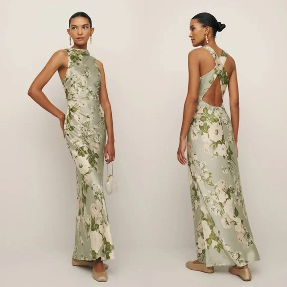 NEW NWT Reformation Anaiis Silk Maxi Dress Tarragon Floral Open Back High Neck 6 - Picture 1 of 17
